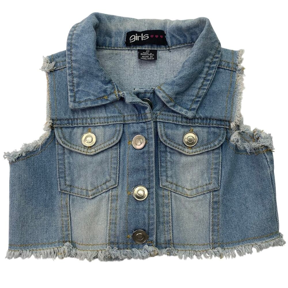 Girls 3T Toddlers Denim Jean Vest Faded Cowgirl Fringe Hem Sleeveless Jacket